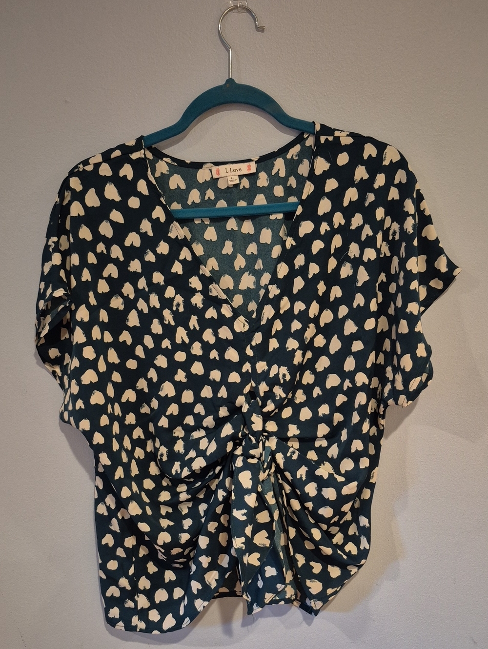 Love Teal Blouse with Cream Heart Print and Front Tie